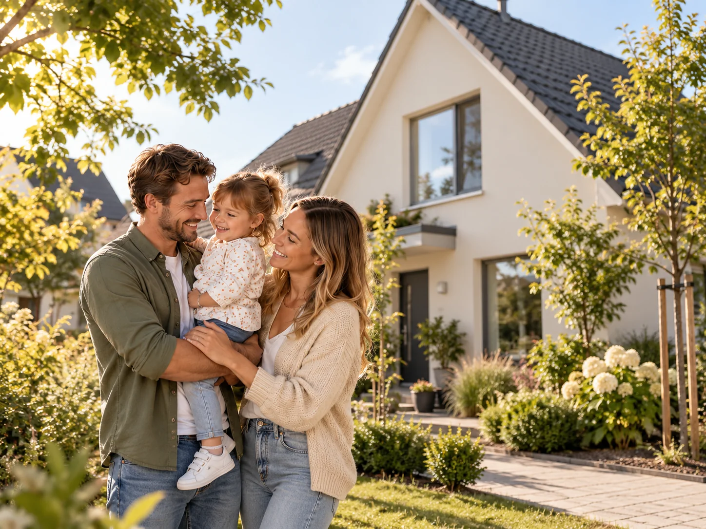Familie vor ihrem Wohnhaus als Symbolbild für den Immobilienkauf
