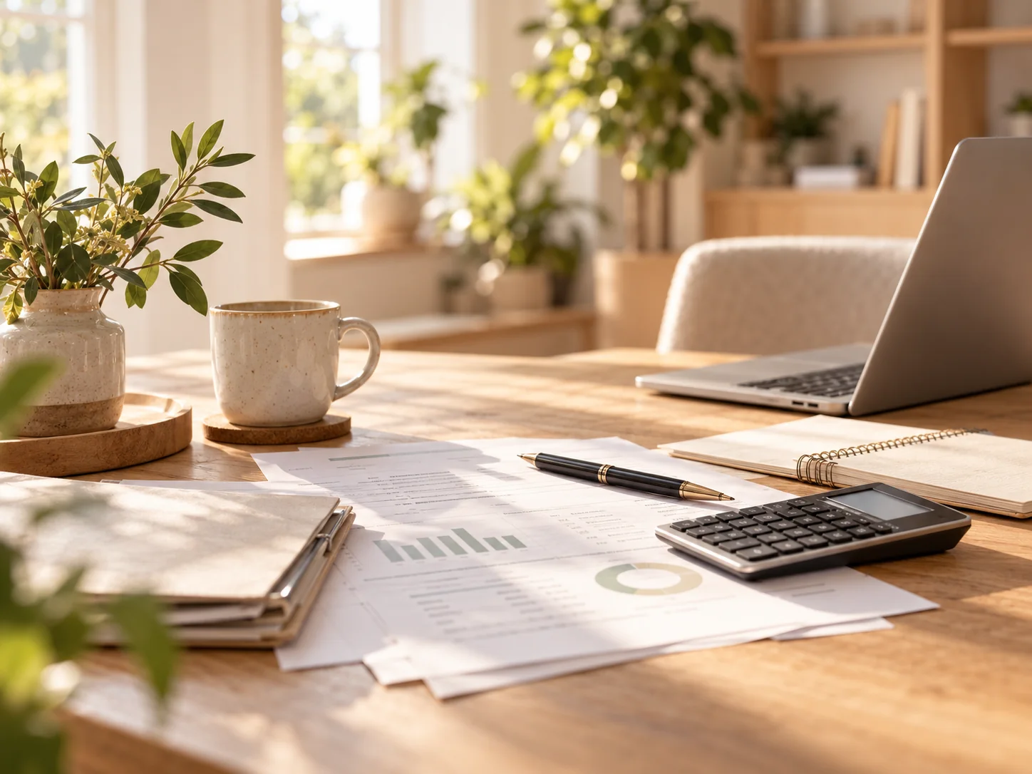Finanzierungsunterlagen, Taschenrechner und Laptop auf einem hellen Holztisch