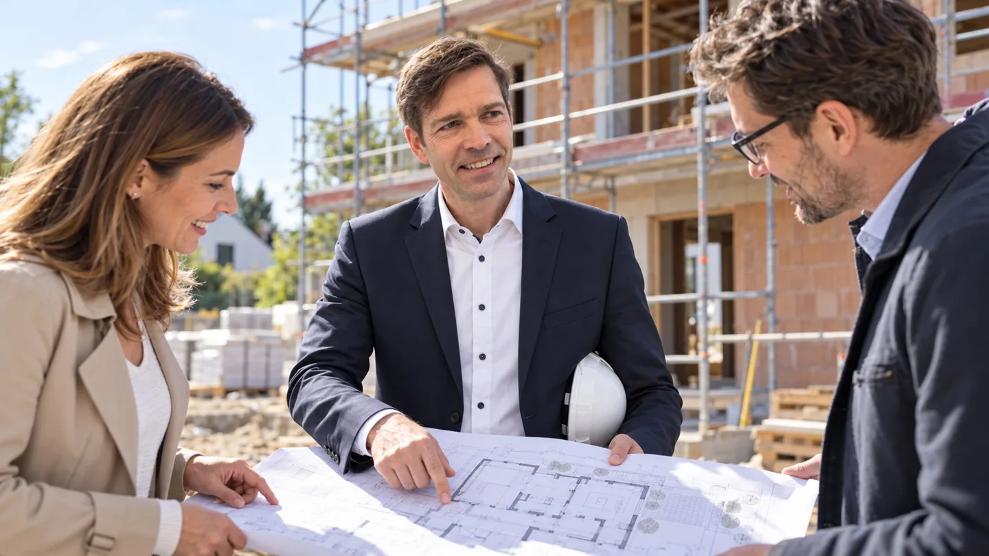 Jens Laskowski im Gespräch mit Interessenten über Bauplanung und Finanzierung