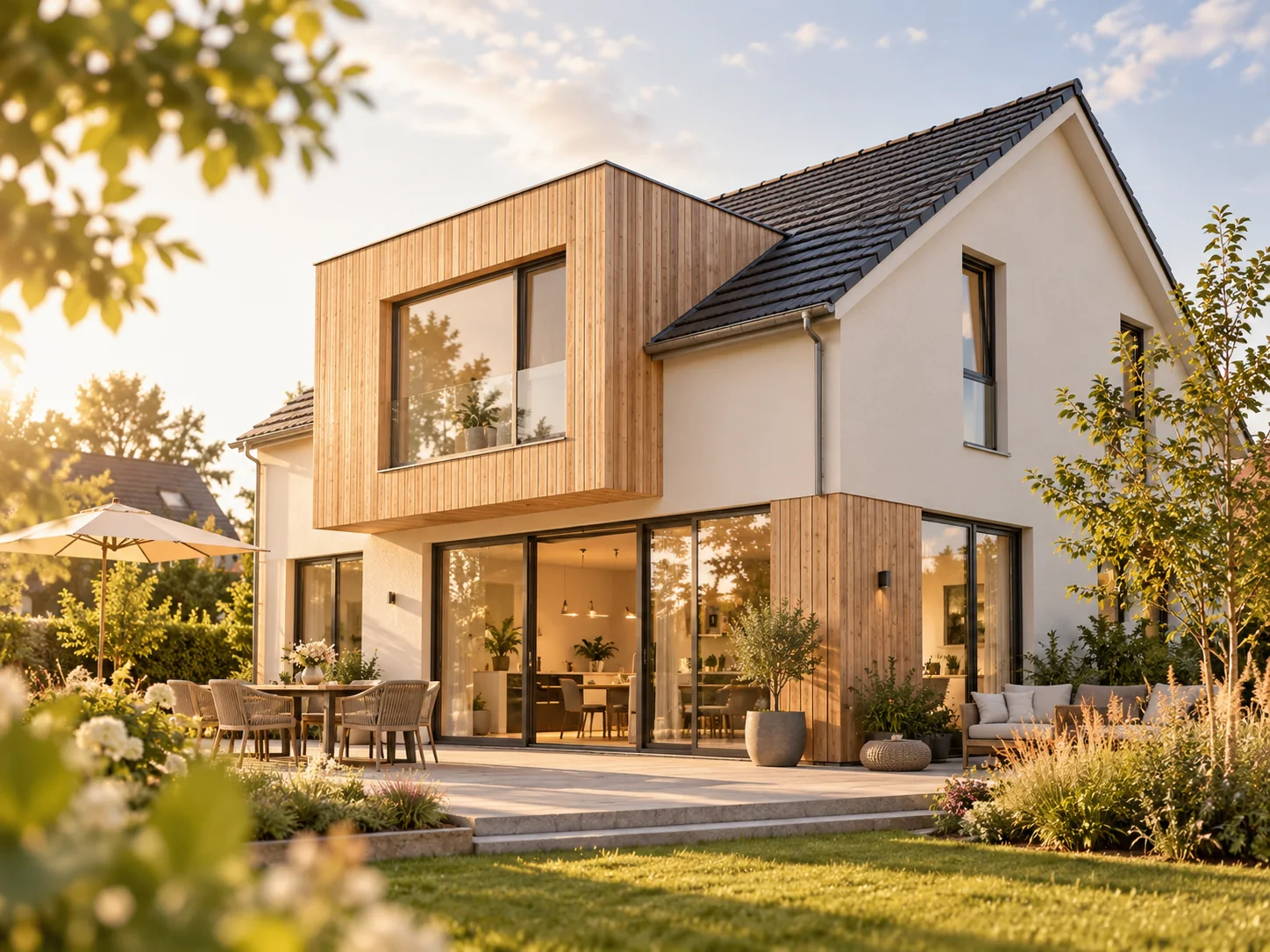 Modernes Einfamilienhaus mit heller Holzfassade und Garten