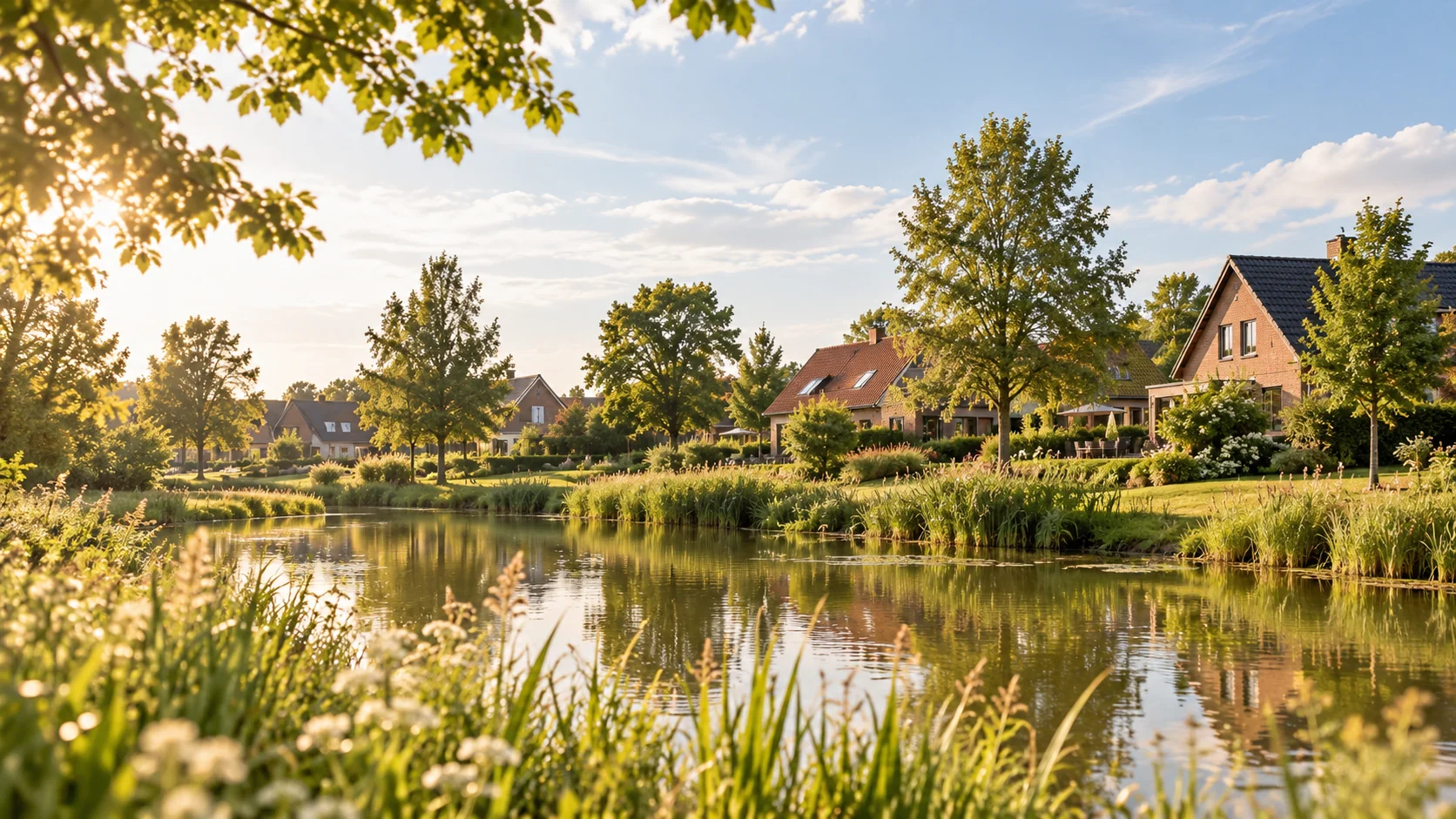 Symbolische Wohnlandschaft mit Teich, Bäumen und Einfamilienhäusern